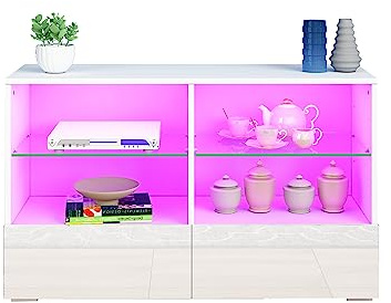 BESTWANTED TV Stand Modern High Gloss LED Light TV Unit,100cm TV Cabinet With Storage 4 Open Shelves and 2 Drawers for Living Room Home Forniture (White)