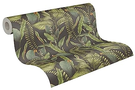 A.S. Création Vliestapete Dschungel Schwarz Grün - Tapete Wohnzimmer Schlafzimmer 394131 - Tapete Floral - 10,05 m x 0,53 m für 5,33m² - Made in Germany