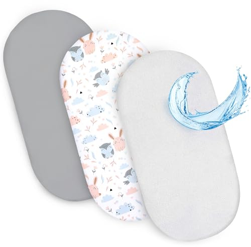 Spannbettlaken Kinderwagen Baby Spannbetttücher 3er Set: 75 x 35 cm - 2X Bettlaken + 1x wasserdichter Matratzenschoner - Babybett Zubehör für Kinderbett Beistellbett Stubenwagen Eulen Grau