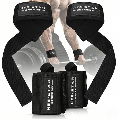 Hee-Star Handgelenk Bandagen + Zughilfen – Gym Set “No Pain No Gain” für Krafttraining - Wrist Wraps + Straps Gym für Gewichtheben und Fitness - Bodybuilding Zubehör für Frauen und Männer