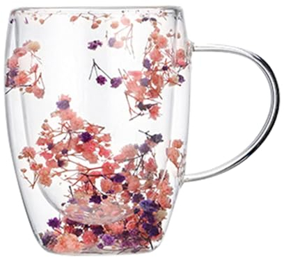 Oldmoom 350ml Blumen Doppelschicht Glasbecher, Trockenblumen-Doppelglas, Doppelwandige Glasbecher Tasse Mit Trockenen Blumen, hohe Borosilikatglas, Isolierte Kaffeetasse Für Kalte Und Heiße Getränke
