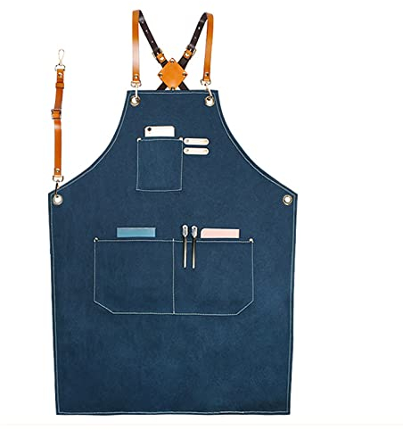ECOLFE Schürzen für Männer, Arbeitsschürze, Segeltuchschürze, Werkstatt-Werkzeugschürze mit verstellbaren Trägern for Friseur, Küche, Gärtner, Café (Farbe: Blau, Größe: XL)(Color:Blue)