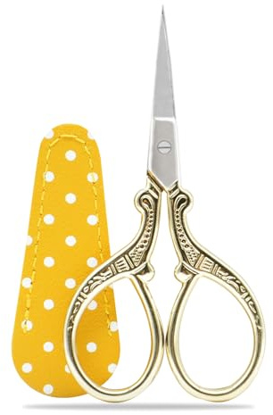 Embroidery Scissors, Small Craft Stainless Steel Scissors for Sewing Threading Needlework Handicraft Trimming 1pcs with Fake Leather Scissors Cover - Gold