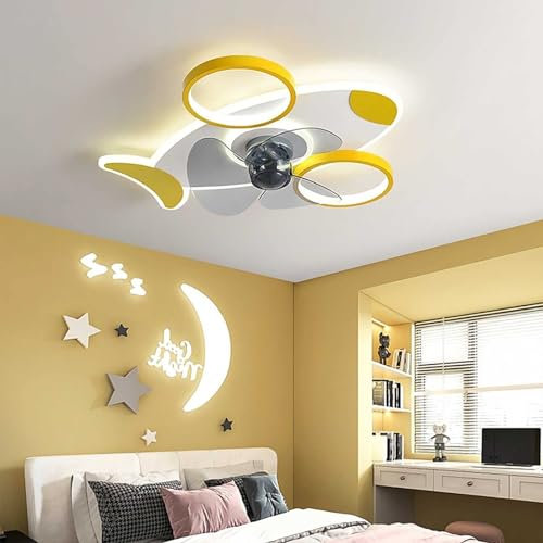 AOXCHEN Luz de Techo LED con Ventilador, Lámpara de Techo de Avión de Dibujos Animados Creativos, Araña de Ventilador con Control Remoto, para Habitación Infantil(Color:Gold)