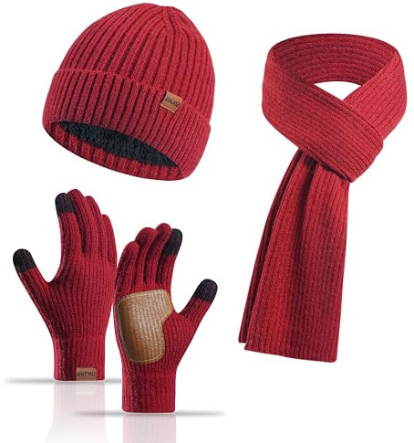 Yoolhamy Mütze Schal Handschuhe Set Damen, 3pcs Wintermütze Damen Beanie mit Mütze Fleece Gefütterte Wärmer Schla Touchscreen Handschuhe Winter Thermo Strickmütze für Outdoor-Skimütze