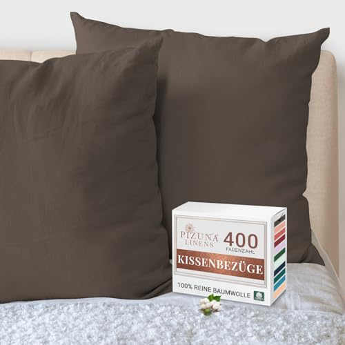 Pizuna 2er Pack Kissenbezug 80x80 cm Baumwolle Dunkelbraun 400 Fadenzahl | Luxuriöser Soft-Satin 2er Pack Kissenbezüge, 100% Langstapel Baumwolle Nur Kissenbezug, 80x80 cm Mako Satin