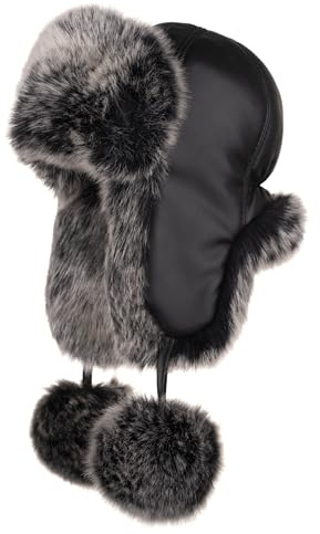 Futrzane Fliegermütze - Schapka Uschanka Damen - Fell Trapper Mütze aus Leder (M, Schwarz - Grau Siberian)