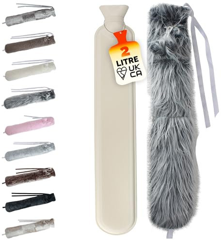 LKH Long Hot Water Bottle with Cover - 2L Extra Long Hot Water Bottle with Faux Fur Washable Cover & Pom Poms - HotWater Bottle for All Kinds of Pain Relief - Gifts for Women