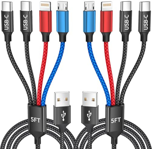 Dual Type-C 4 in 1 Multi Charging Cable for iPhone 17/ Galxy S26, Travel Cruise Essentials, USB Cable iPhone Charger Cord, Charging Cords for iPhone17-8/Androids/iPad and More, Car Charger (2Pack 5FT)