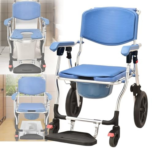 vanenferse Toilettenstuhl Fahrbar Für Senioren, Duschstuhl Mit Toiletteneimer Für Senioren, Multifunktionaler Duschsitz Klappbar Für Patienten Senioren Schwangere, Wasserdichter, Tragfähigkeit 150kg