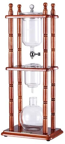 Cafetera De Goteo con Hielo, Torre De Goteo para Café Frío, con Gotero De Acero Inoxidable, Flujo De Agua Ajustable, Jarra De Vidrio, Soporte De Madera Vertical, para 5-8 Tazas