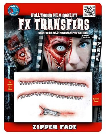 Tinsley 3D FX Transfers Reißverschluss-Wunde als Abziehbild - Einheitsgröße - Klebe-Tattoo für Halloween, Karneval & Motto-Party