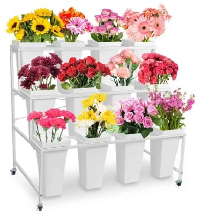 3-Tier Metal Flower Display Stand with 12 Buckets - Heavy Duty Rolling Plant Cart Shelf, Sturdy Mobile Plant Stand for Indoor/Outdoor Garden, Patio, Florist Shop, Living Room, Home Decor (White)