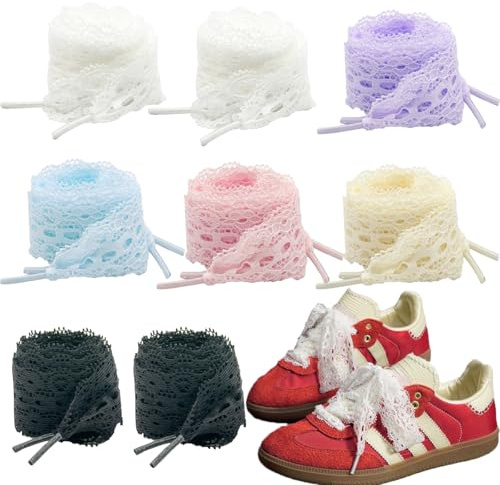 Guiguishiny 8 Paia Lacci Scarpe in Pizzo Largo 3CM, Lunghi 100CM, Lacci Piatti a Fiore Cavo Stile Balletto, Nastro Elastico per Scarpe da Donna, Sneakers e Scarpe Sportive