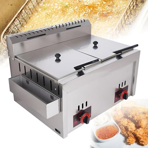 Friteuse à gaz Professionnelle Grande capacité 10 L x 2, avec cuve d'assaisonnement en Acier Inoxydable, Puissance de feu réglable, pour Frites, Cuisine, Restaurant