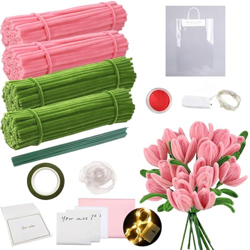 YOUYIKE Pfeifenreiniger Blumen Set mit LED Beleuchtung 15 Blumen Pipe Cleaners Klebeband Geschenktüten Verpackungspapier Schleife, Basteln & DIY Chenilledraht Pfeifenputzer Kreativ Set