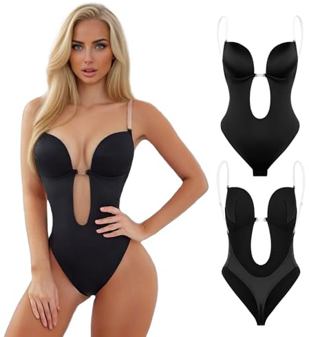 Fiohiros Strapless Shapewear Bodysuit for Women Tummy Control,Waist Tightening Clear Bra Straps with Deep V-Neck Backless Bra for Parties,Homewear (Black, L)