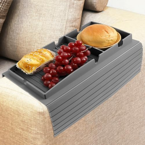 Sofa Arm Tray Couch Cup Holder Foldable Silicone Anti-Slip Armrest Tray 43×34 cm Couch Arm Rest Protector Space Saving for Holding Drinks Snack Phone Remote(grey)