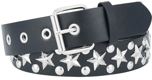 CALFOVERA Cintura in Pelle PU con Borchie A Stella 113 x 3.6cm con Rivetti in Metallo Punk Rock Fibbia Argentata Regolabile Cintura Gotica con Borchie A Punta per Jeans da Donna e Uomo (Nero)