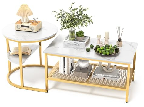 Urbihive Couchtisch 2er-Satztisch Beistelltisch stapelbarer Sofatisch (Runder Tisch Oval,Marmoroptik,mit Ablagebode), 80x46x41cm+52x52x51cm (Weiß-Gold)