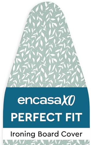 Encasa XO Bügelbrettbezug, Filzpolster, Kordelzug 112x34 cm | Grüne Blättchen, 3 mm Filzpolsterung | Einfache Passform | Hitzebeständig | 100% Baumwolle | Passend 112x34 cm