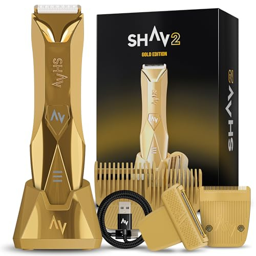 Shav Gold, rasoio per capelli, rasoio da uomo, rasoio per corpo e luoghi intimi, impermeabile IPX7, per la rasatura a umido e asciutto, senza fili, edizione limitata