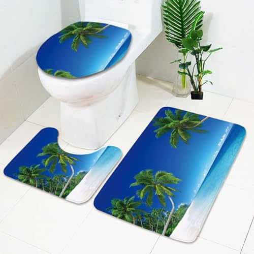 Badezimmermatte Blaue Palme rutschfeste Badmatte Waschbar Bath Mat Bad Vorleger Memory Schaum Badezimmerteppich U förmige WC Teppich Badteppich Set 45x75 cm