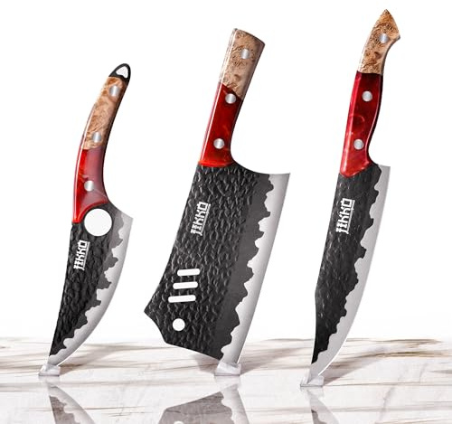 JIKKO® Phoenix Edition – Scharfes Küchenmesser Set aus japanischem SUS440A Edelstahl (57 HRC) | Handgehämmert & handgefertigt | Mit Griff aus Olivenholz & Harz | Limitierte Sammler-Edition