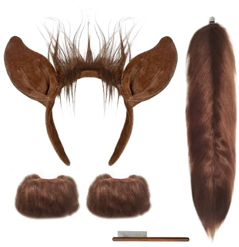 4 Stück Braunes Pferd Kostüm Set Künstlich Pferdeohren-Stirnband Schweif Armband Haarkamm Pferde-Anziehzubehör für Jungen und Mädchen, Erwachsene, Halloween, Weihnachten, Tier-Mottopartys