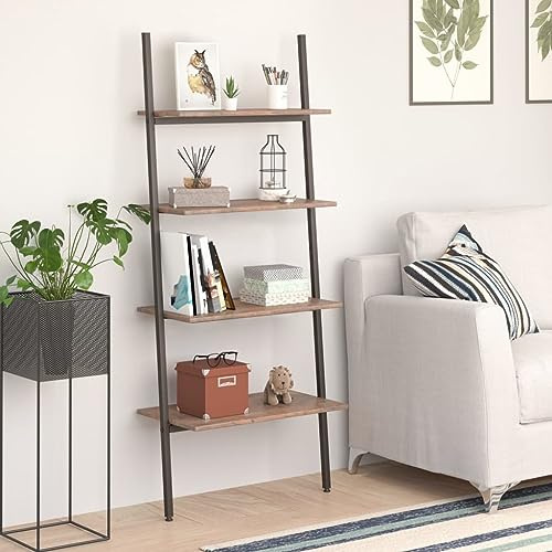 Scaffale per scale marrone scuro con 4 ripiani, 64 x 34 x 150,5 cm, stabile scaffale in legno e acciaio per libri, piante e decorazioni in soggiorno, ufficio o bagno