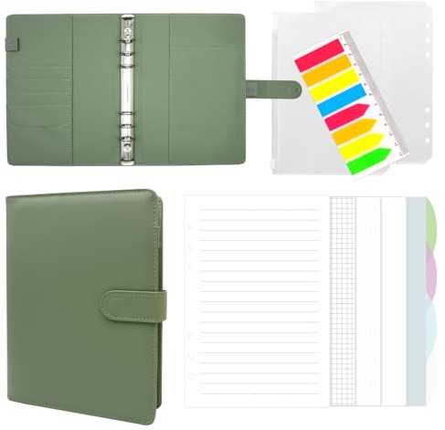 Fettwal Notizbuch Ringbuch A5 Nachfüllbar, Leder Notizbuch A5 Ringbuch mit 160 Blätter Nachfüllpapier, Tragbarringbuch Planer Binder Bindertaschen für Schulnotizen und Organizer, Grün