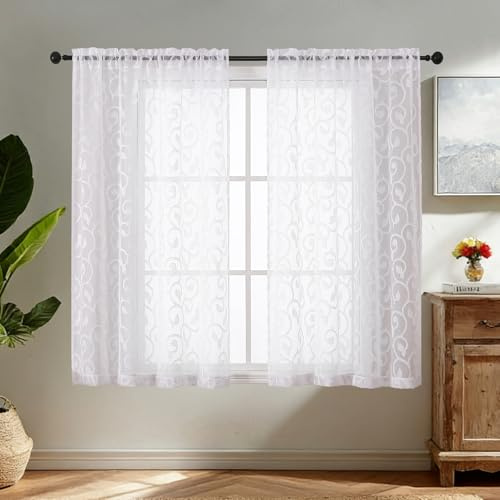 Simplebrand Weiße Transparente Vorhänge für das Schlafzimmer 140 x 122 cm 2 Paneele, Kurze durchsichtige Küchenvorhänge, Stufengardinen mit Stangentasche, Café-Stil für Badezimmer und Kleine Fenster
