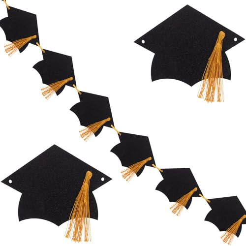 DOITOOL Abschlussbanner mit Doktorhut Quaste Partybanner für Abschlussfeier Filz Wimpelkette In Schwarz Dekoration für Hochschulabschluss und Abi Feier