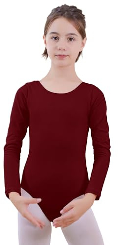 ZNYUNE Mädchen Ballettanzug Einfarbig aus Baumwolle Body Langarm Ballett Trikot B443 WineRed 152/158