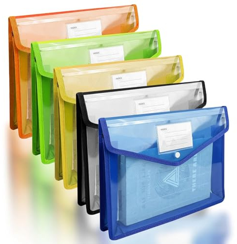 Crynvor 5 Piezas Carpeta Fundas Plastico A4 con Botón y Etiqueta, Colore Carpeta Clasificadora, Organizador de Documentos Impermeable para Oficina, Hogar, Escuela y Viajes
