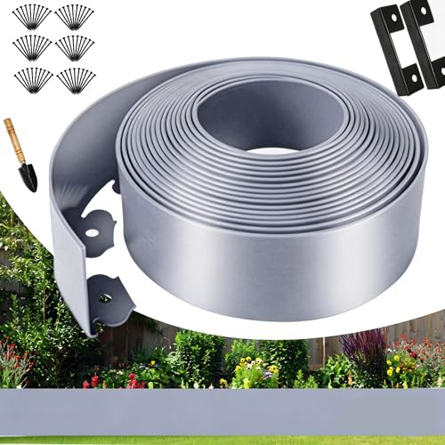 Bordure de Jardin Flexible 10m, Hauteur 10cm, avec 30 Piquets, 1 connecteur et 1 Petite Pelle, pour pelouse, Parterre Jardin. (Gris, 10cmx10m)