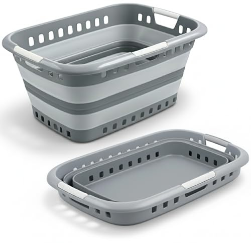 SULENO Faltkorb 45L, Faltbarer Wäschekorb 3 Griffe, Grau | Einkaufskorb Camping Picknick, Stabil, Platzsparend & Leicht, Ideal für Haushalt, Auto & Outdoor, 60,5 x 44,5 x 29 cm