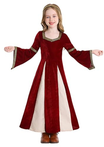 Ragazza Medioevo Abito Maniche Lunghe Velluto Abito Rinascimentale Principessa Costume Elegante Carnevali da Karnval Spettacoli Musicali e Teatrali con Maniche a Campana e Gonna Lunga (8-10 years)