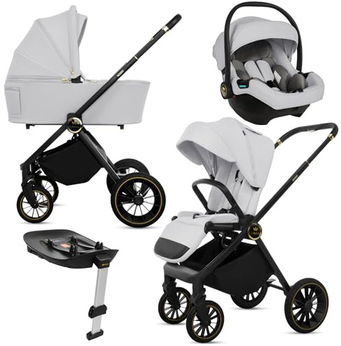 BabyLux® Barnvagn 4-I-1-Set Rosso, Hopfällbar Lättviktskombi Barnvagnsset Inkl. Resevagga, Buggy, I-Size Barnstol, Bilbarnstol, 4 Justerbara Lägen, 0–22 kg (0–4 år), UV-Skydd 50+, Ventilation