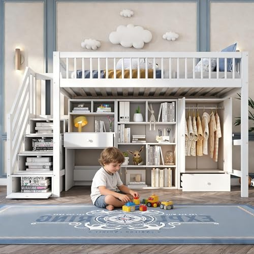 Su & Chan Legence Hochbett 90 x 200cm, Kinderbett mit Schreibtisch, Kleiderschrank, Stauraum Treppe, Schubladen und Staufächern, Einzelbett mit Lattenrost, Ohne Matratze, Weiß
