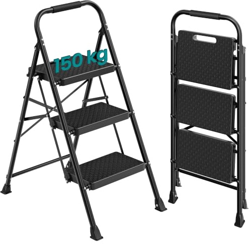 SONGMICS Trappstege med 3 Steg, Hopfällbar Stege i Stål, Halkskydd | Bärkapacitet 150 kg, 114 x 45,5 x 7,5 cm, för Hem och Kontor, Svart, BRODY Kollektion GSL203BZ01