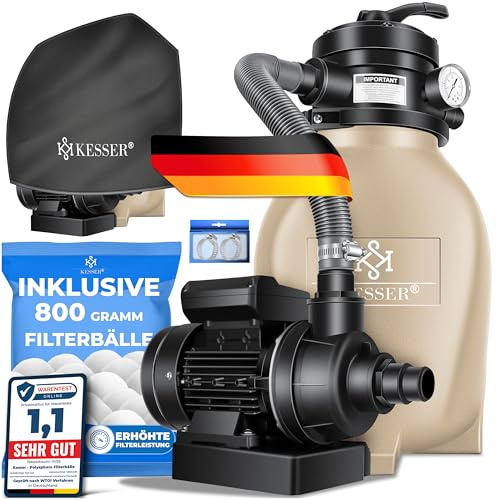 KESSER® Sandfilter Sandfilteranlage + 800g Filterbälle ersetzen 25kg Filtersand-Poolfilter 10 m³/h Filteranlage Filterkessel für Pool Schwimmbecken 4-Wege Ventil, einfache Steuerung, Inkl. Cover,Sand