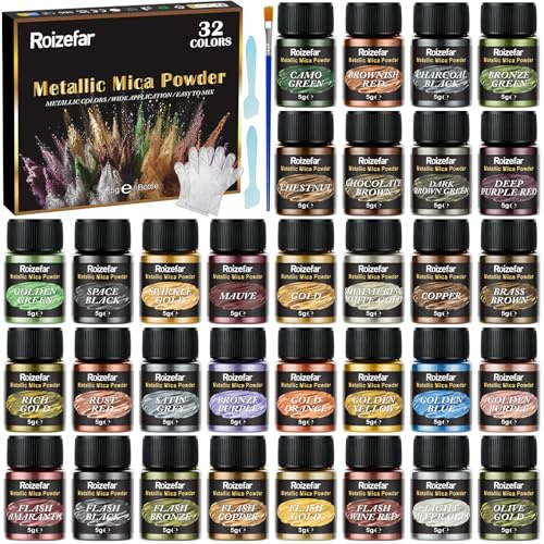 Roizefar Metallic Mica Powder, 32 Colours x 5g Epoxy Resin Colour Pigment | Pearlescent Metallic Powder for Epoxy Resin, Art Coating, Paint, Printing, Plastic, Soap Making, Candle Making, DIY, Slime