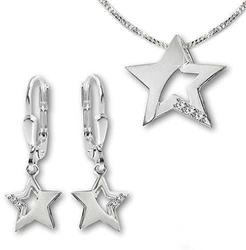 CLEVER SCHMUCK Set für Damen Sternen Ohrringe + Anhänger Stern + Panzerkette 45 cm mit Zirkonias 925 Sterling Silber im Etui anthrazit