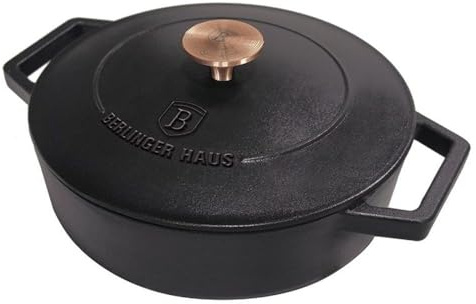 Berlinger Haus, Cocotte peu profonde, 26 cm, fonte, Collection Blak Rose, Rétention de chaleur plus longue, conserve uniformément la chaleur, Idéal pour l'utilisation du four à table