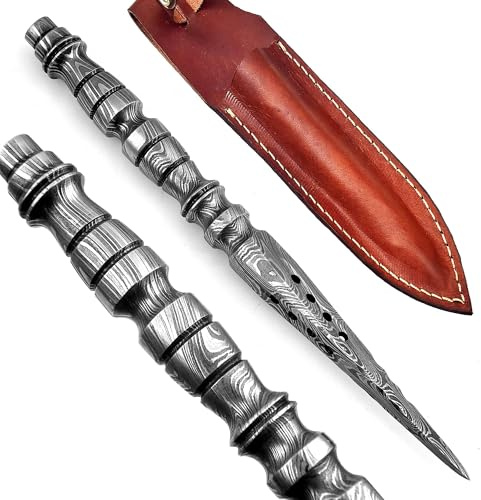 Handmade Damascus Steel Kriss Dagger Hunting Knife, Tri-Edge Blade, Full Tang Handle, 352 Layers 1095/15N20 Steel, Outdoor Knife with Leather Sheath, Collector Gift