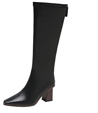 Stivale Donna al Ginocchio Stretch Stivali Alti Eleganti Scarpe Stivali con Zeppa Autunno Stivaletti Invernali Caldi Zip Laterale Punta Tonda Tacchi Alti Quadrati (37,Nero)