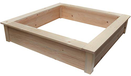 Clamaro 'Beach' Holz Sandkasten 190 x 190 cm extra stabil aus Fichte Massivholz Bohlen (28mm stark, unbehandelt), Sitzumrandung mit abgerundeten Kanten, verzinkte Schrauben - 100% Made in Germany