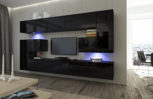 Furnitech Ensemble Meuble TV Mural Suspendu Salon – Meuble Salon Design Moderne avec colonnes, vitrines et rangements – Mobilier avec éclairage LED RVB - 16 Couleurs (Albania AN3-17B-HG20 1A)