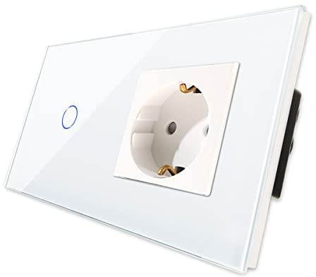 CNBINGO Dimmschalter mit Schuko Steckdose unterputz - Dimmer Schalter für LED-Leuchten - Touch Lichtschalter einfach in Weiß - Wandschalter mit Glasrahmen und Status-LED